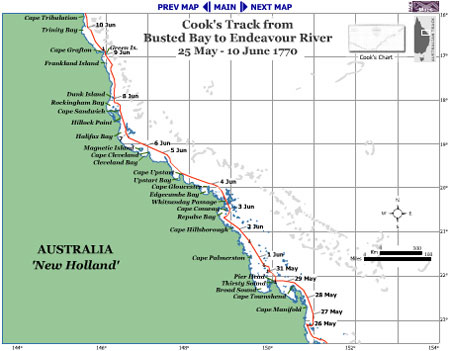 Map of Cook's track from Busted Bay to Cape Tribulation