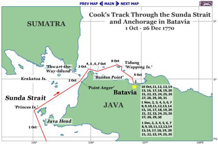 Map of Cook's track through Sunda Strait and Anchorage in Batavia, Java