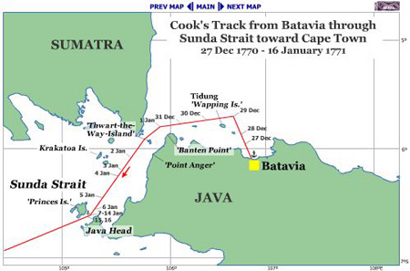 Map of Cook's track from Batavia to Sunda Strait toward Cape Town