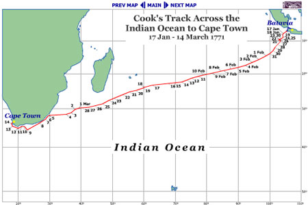 Map of Cook's Track through the Indian Ocean  to Cape Town