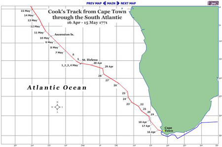 Map of Cooks track from Cape Town through the South Atlantic