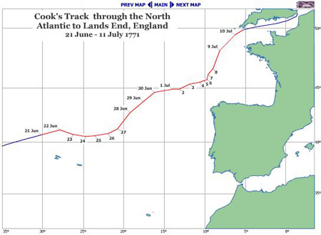 Map of Cook's track through the North Atlantic to Lands End