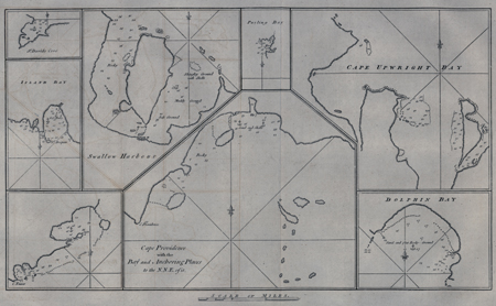 Charts of: St. David's Cove; Island Bay; Swallow Harbour; Cape Tamar; Cape Providence with the Bay and Anchoring Places to the N.N.E. of it; Cape Upwright Bay; and Dolphin Bay.