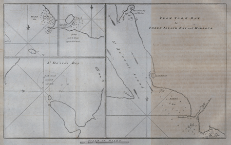 Charts of: Elizabeth Bay;  a Bay under the Islands opposite York Road; St. David's Bay; from York Bay to Three Island Bay and Harbour.