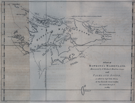 A Chart of Hawkins's Maidenland, Discovered by Sir. Richard Hawkins in 1574 and Falkland Sound, so called by Captain John Strong of the Farewell from London who sailed through it in 1689.