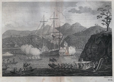 A representation of the attack of Captain Wallis in the Dolphin by the natives of Otaheite.