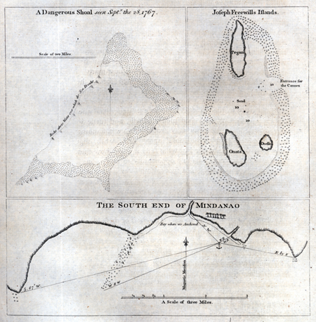 Charts of a Dangerous Shoal seen Sept. the 28, 1767; Joseph Freewill's Islands; and the South End of Mindanao.