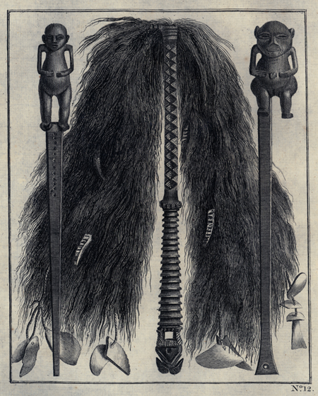 Plate XII. The middle figure represents a fly-flap of the Island Ohiteroa; the two side figures, handles of the same instruments made in Otaheite.