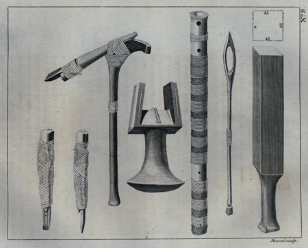 Plate. IX. The first two figures, reckoning from the left hand, are chissels or gouges; the third an adze of the smaller kind, the fourth, the instrument with which the bread-fruit is beaten into paste; the fifth, the nasal flute; the sixth, a thatching needle; the seventh, the instrument used for beating the cloth, over which is a square representing the end of it, to shew the different size of the grooves on the four sides, the number of which is expressed in figures.