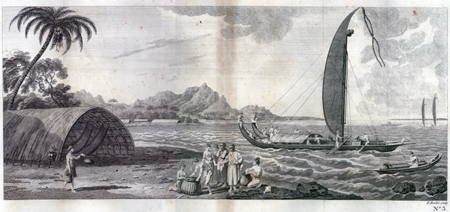 Plate III. A view in the Island of Ulietea, with a double canoe and a boat-house.