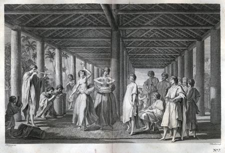 Plate VII. A view of the inside of a house in the Island of Ulietea, with the representation of a dance to the music of the country.