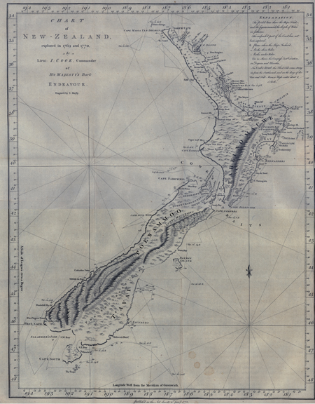 Chart of New Zealand, explored in 1769 and 1770, by Lieut: I: Cook, Commander of His Majesty's Bark Endeavour.