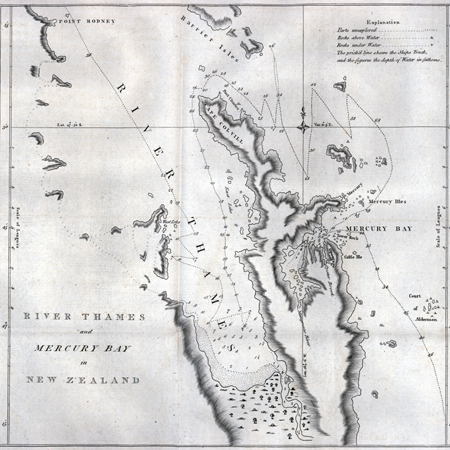 Chart of the River Thames and Mercury Bay in New Zealand.