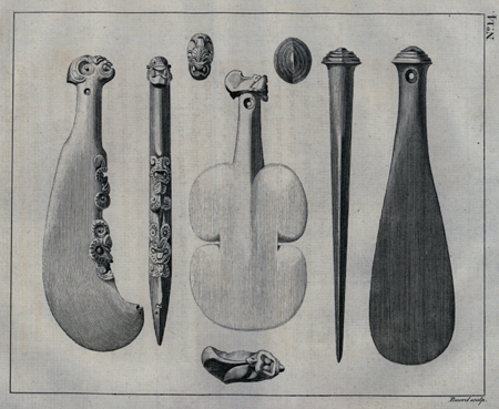 Plate. XIV. Bludgeons, used as weapons by the New Zealanders, and called Patoo-patoos, as seen on the side, the edge, and the end. They are from fourteen to eighteen inches long, and broad and thick in proportion.