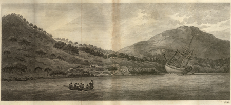 Plate XIX. A view of Endeavour River, on the coast of New Holland, where the ship was laid on shore, in order to repair the damage which she received on the rock. 