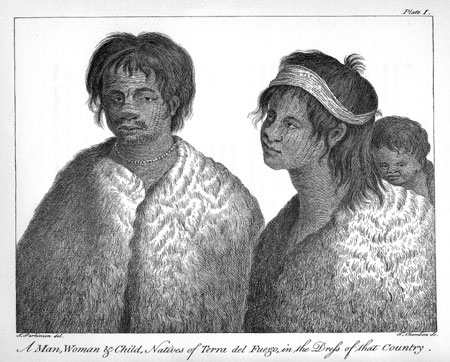 Plate I. A Man, Woman & Child, of Terra del Fuego, in the Dress of that Country. View of a Village in the Bay of Good Success, in the Island of Terra del Fuego.