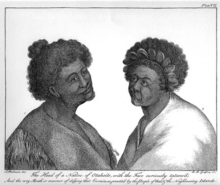 Plate VII.  The Head of a Native of Otaheite, with the Face curiously tataow'd; And the wry mouth, or manner of defying their Enemies as practis'd by the People of that, & the Neighbouring Islands.  