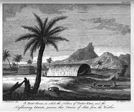 Plate XII.  A Boat-House, in which the Natives of Yoolee-Etea, and the Neighbouring Islands, preserve their Canoes of State from the Weather.  