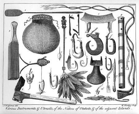 Plate XIII.  Various Instruments, & Utensils, of the Natives of Otaheite, & of the adjacent Islands.   