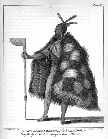 Plate XV.  A New Zealand Warrior in his Proper Dress, & Compleatly Armed, According to their Manner.  