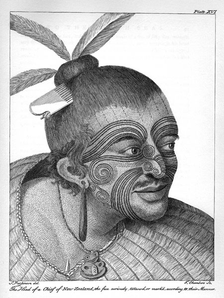 Plate XVI. The Head of a Chief of New-Zealand, the face curiously tataowd, or mark'd, according to their Manner. 