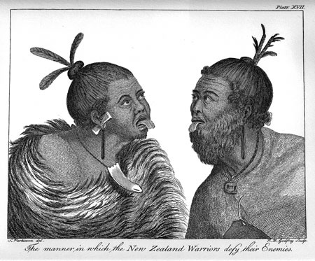 Plate XVII. The manner in which the New Zealand Warriors defy their Enemies. 