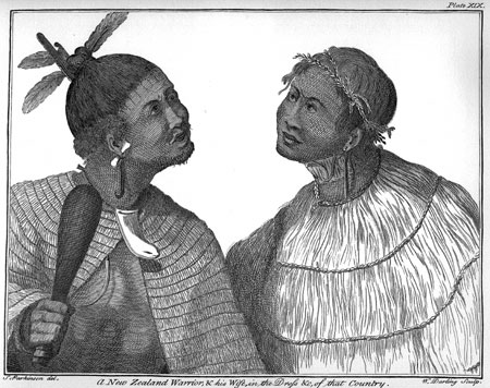 Plate XIX.  A New Zealand Warrior, & his Wife, in the Dress &c, of that Country.  