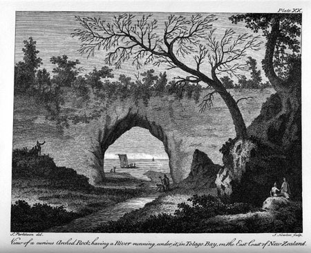 Plate XX. View of a curious Arched Rock, having a River running under it, in Tolago Bay, on the East Coast of New Zealand. 