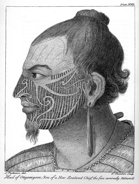 Plate XXI. Head of Otegoongoon, Son of a New Zealand Chief, the face curiously tataow'd. 