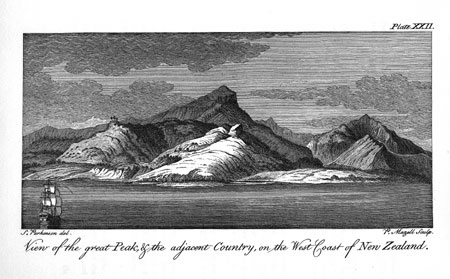 Plate XXII.  View of the great Peak, & the adjacent Country, on the West Coast of New Zealand. 