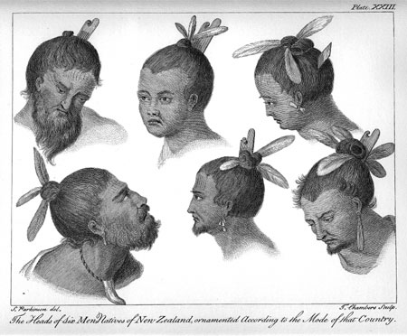 Plate XXIII. The Heads of six Men, Natives of New Zealand, ornamented According to the Mode of that Country 