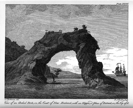 Plate XXIV.  View of an Arched Rock, on the Coast of New Zealand, with an Hippa, or Place of Retreat, on the Top of it.